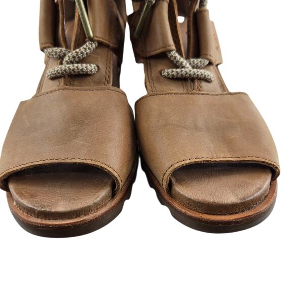 Sorel Sandals Womens 7.5 Joanie Tan Leather Wedge Heel Lace Up Open Toe Bohemian - Picture 3 of 10